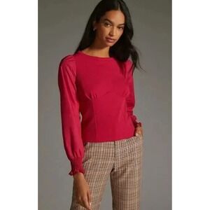 Anthropologie Womens Structured Long Sleeve Top Blouse XXS Hot Pink Smocked Cuff